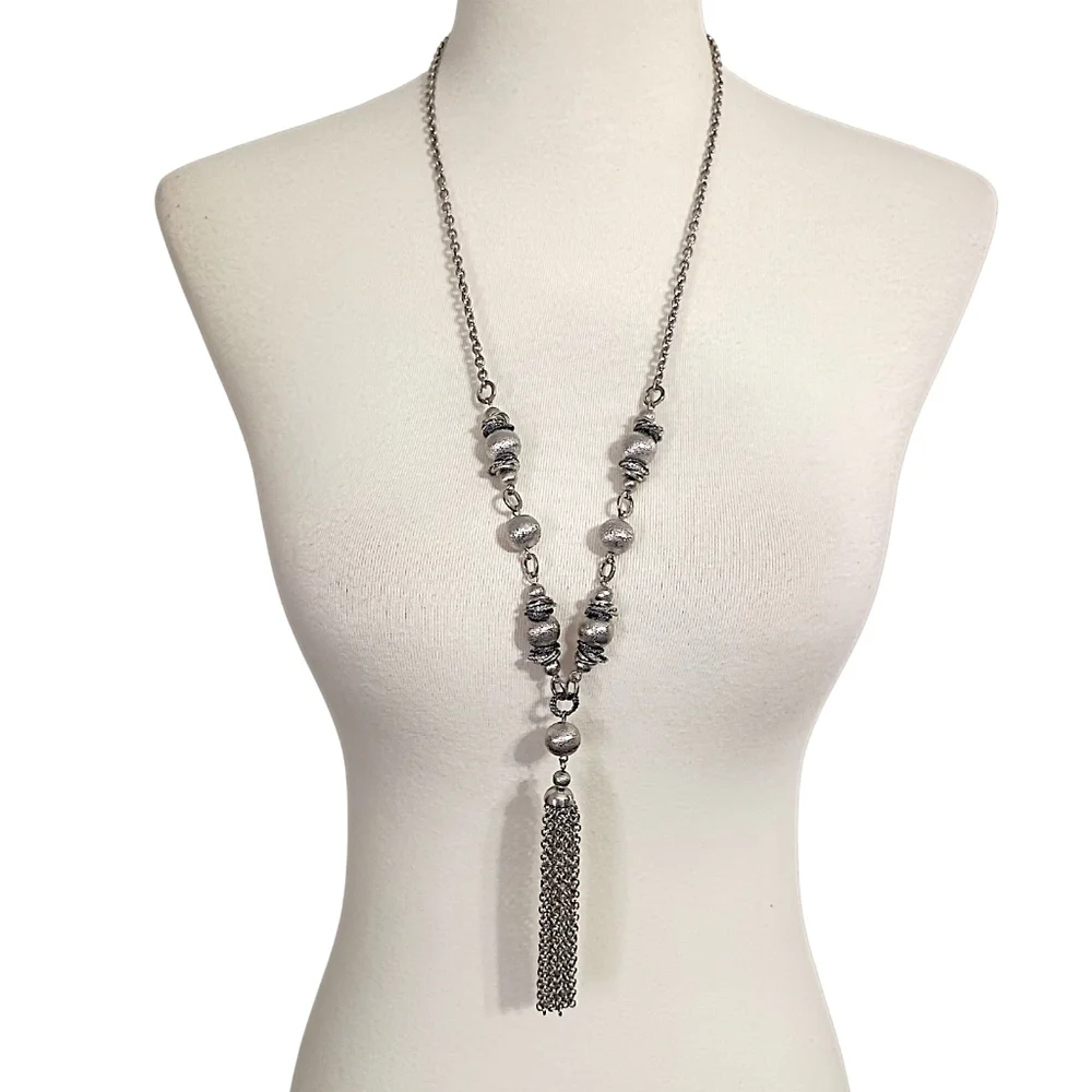 Y Drop Beaded Tassel Chain Necklace Bohemian‎ Western Witchy Silver Tone Gypsy